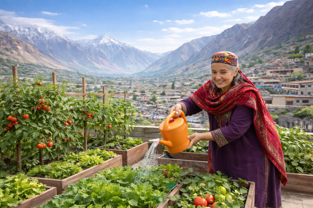 Woman practicing climate-smart urban farming on a rooftop garden in Gilgit-Baltistan, watering vegetables in raised beds with mountain city landscape in background.