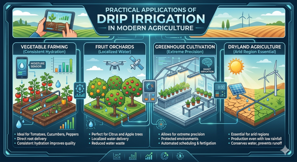 Infographic of practical applications for drip irrigation in vegetable farming, fruit orchards, greenhouse cultivation, and dryland agriculture.