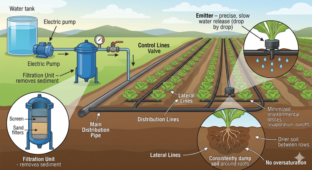 Diagram of a drip irrigation system showing water tank, electric pump, filtration unit, and lateral lines delivering water to plant roots.