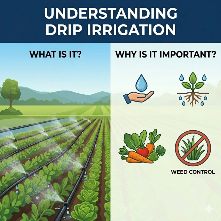 Infographic showing what drip irrigation is with field pipes and why it is important for water saving and weed control.
