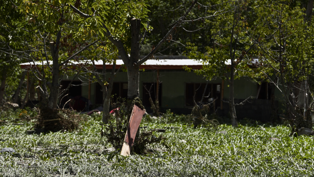 Flood-damaged farmland in Gilgit-Baltistan, Pakistan, showing debris and waterlogged crops after a 2025 flash flood.